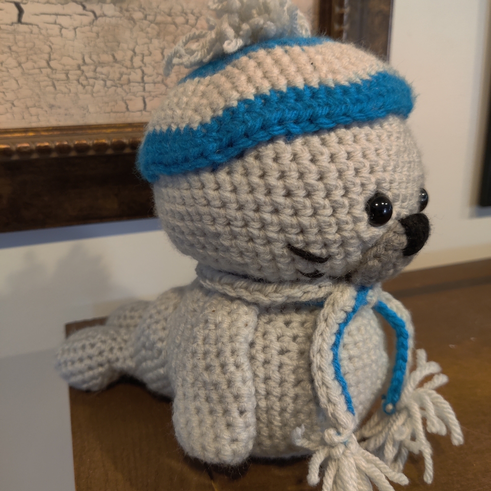 Handmade Crochet Seal Plush with Blue Accents